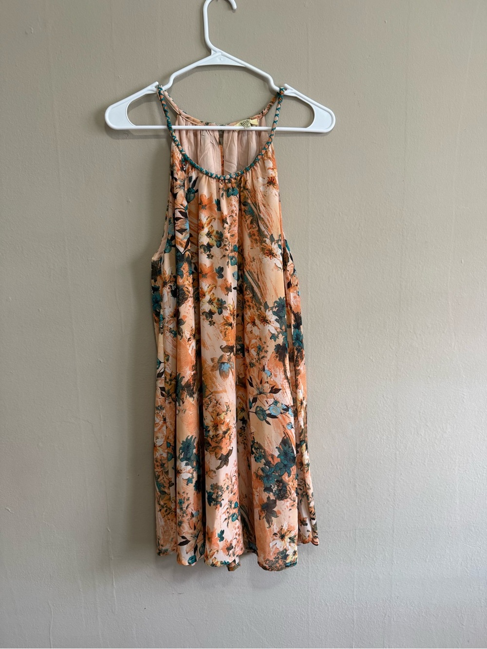 Kori Peach and Teal Floral-Trim Dress